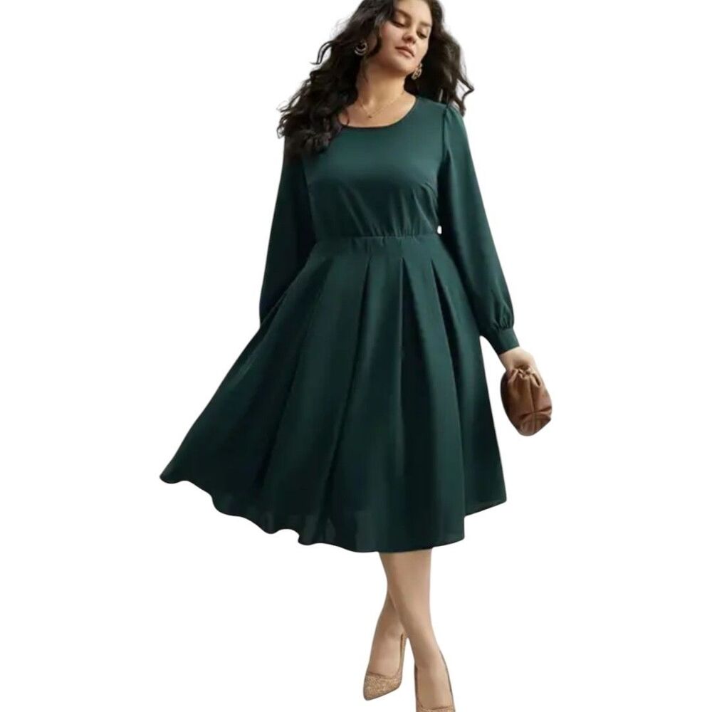 BloomChic Green Midi Dress Plus Size 18/20 Pockets Long Bishop Sleeve Elastic Wa